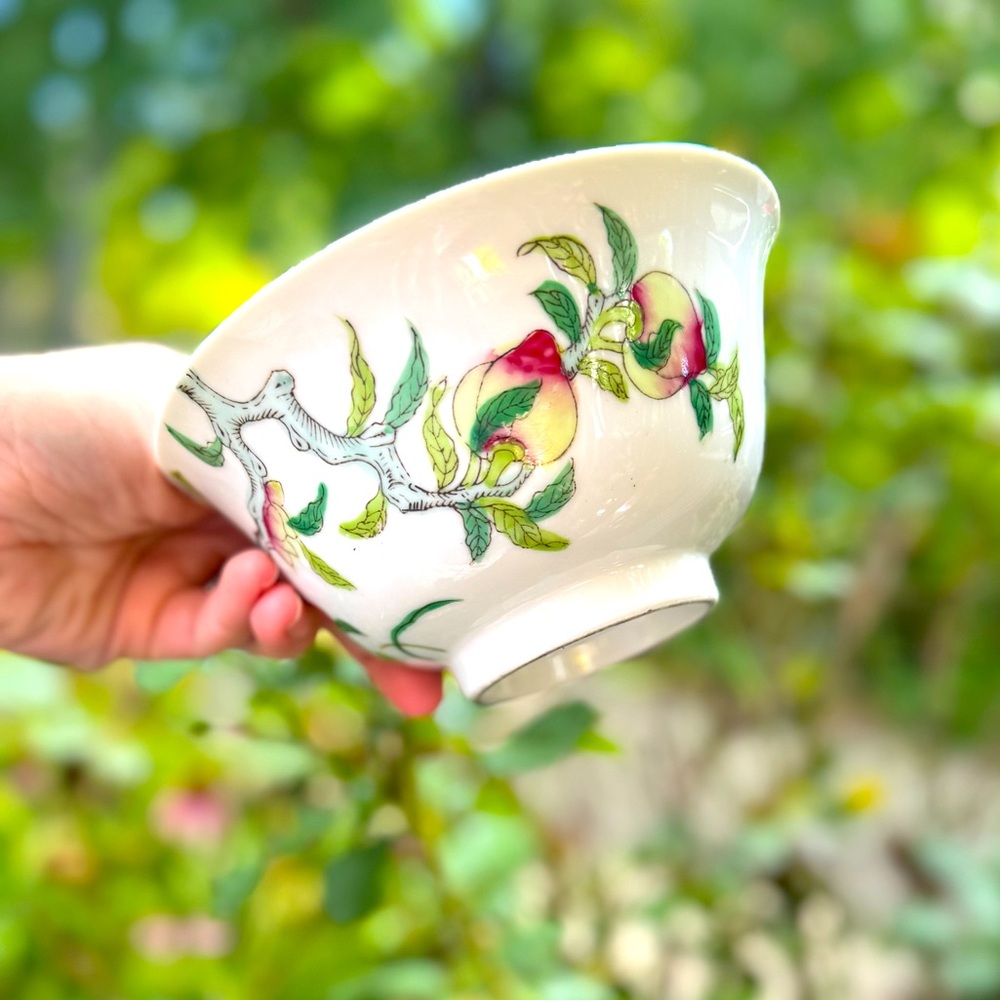 Floral Ceramic Bowl with Green and Red Accents made in Japan